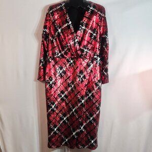 NWT ELOQUII Red & Black Plaid Sequin Faux Wrap Long Sleeve Midi Dress – Size 14
